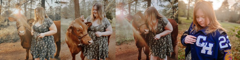 Four images of a girl with her cow and letterman jacket